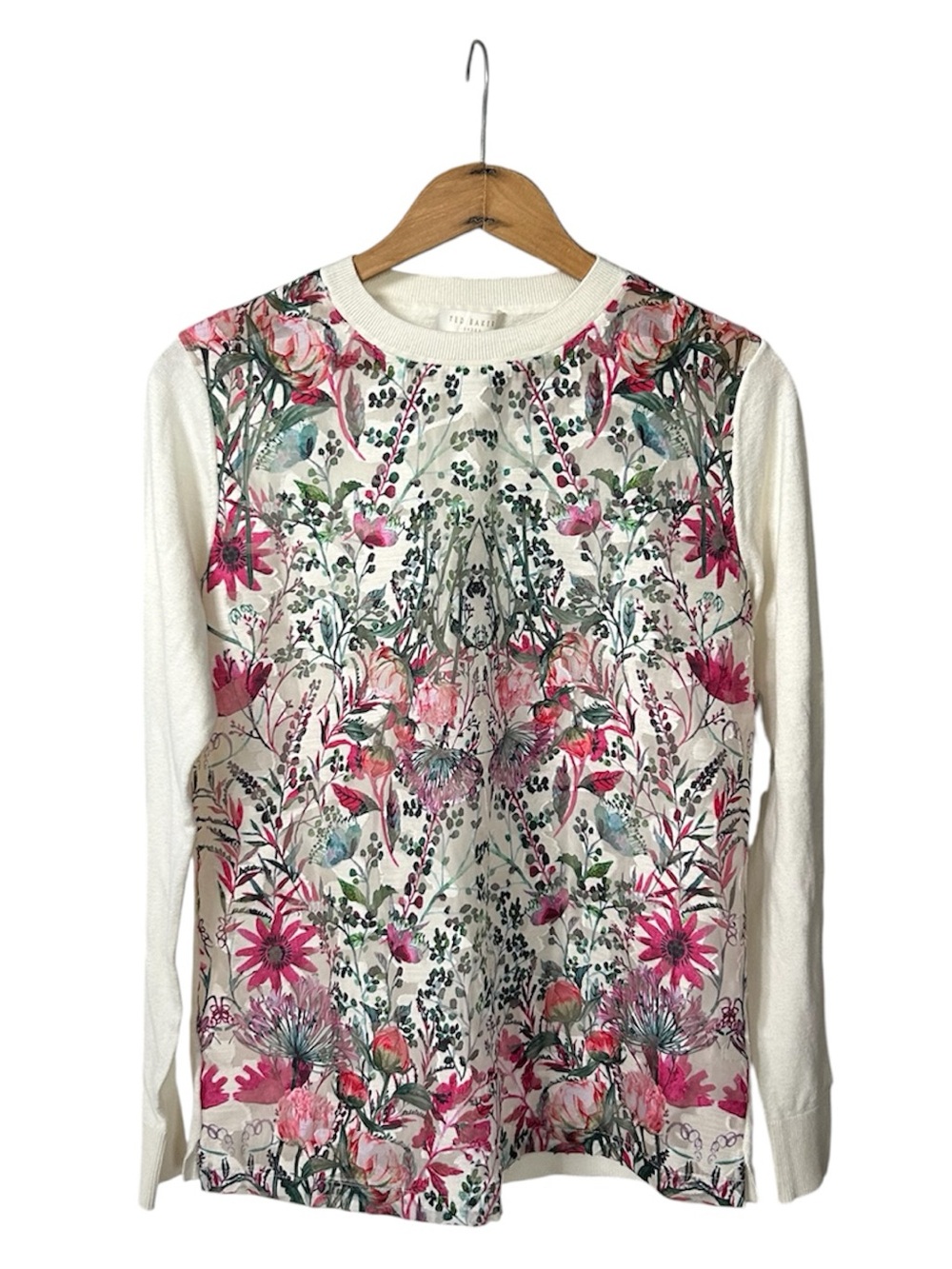 Ted Baker | Women’s Cream Floral Semi Sheer Crewneck Long Sleeve Thin Sweater M